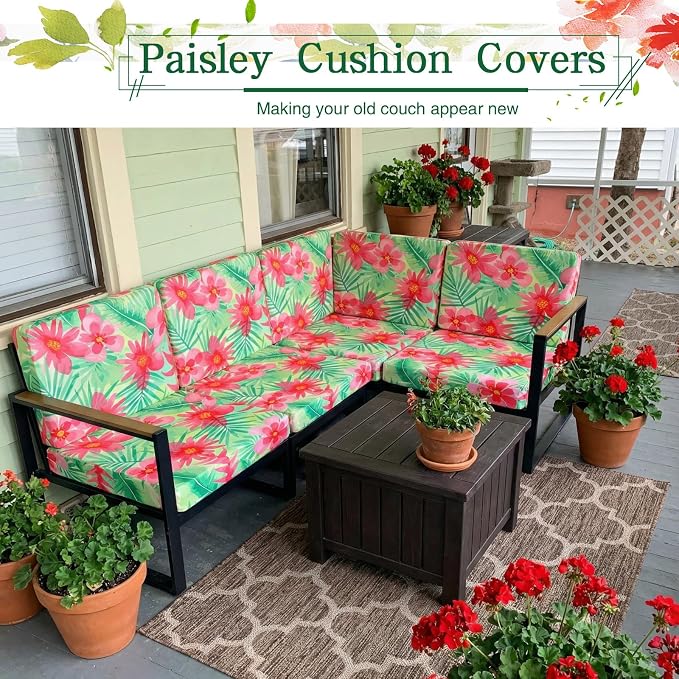 Newwiee 12 Pcs Patio Cushion Covers Outdoor Stretch Sofa Couch Cover Replacement Couch Slipcover Sofa Seat Chair Porch Patio Furniture Protector, Flexibility Washable(Red Green,Floral Leaf)
