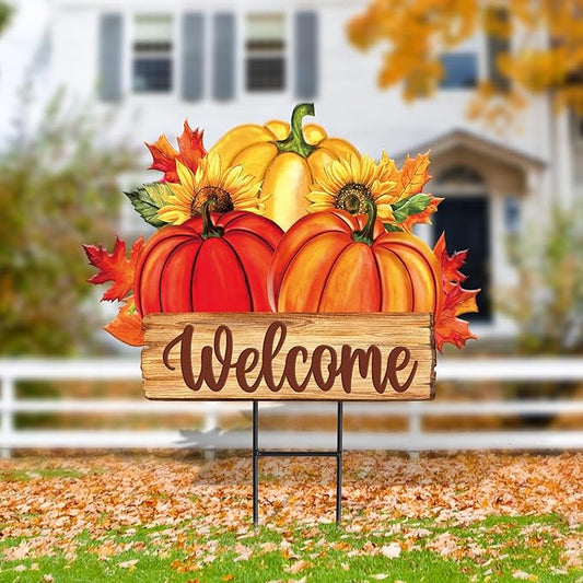 JarThenaAMCS Thanksgiving Yard Sign Metal Fall Pumpkin Yard Stakes Maple Leaves Garden Stake Decorations Welcome Sign for Autumn Harvest Outdoor Lawn Patio Walkway Decor