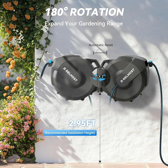 Relhost Retractable Garden Hose Reel, 1/2 in x 100 ft Wall Mount Heavy Duty Hose Reel with Any-Length Lock, Auto Rewind System, 180° Swivel Bracket, and 10-Pattern Nozzle for Garden, Dark Grey