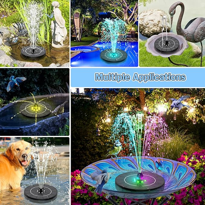 SZMP Solar Water Fountain, 2026 Upgrade 3.5W Solar Bird Bath Fountain Pump with Color LED Lights, 7 Nozzles & 4 Fixed Rods for Garden, Patio, Pond, Pool, Fish Tank, Outdoor Water Feature