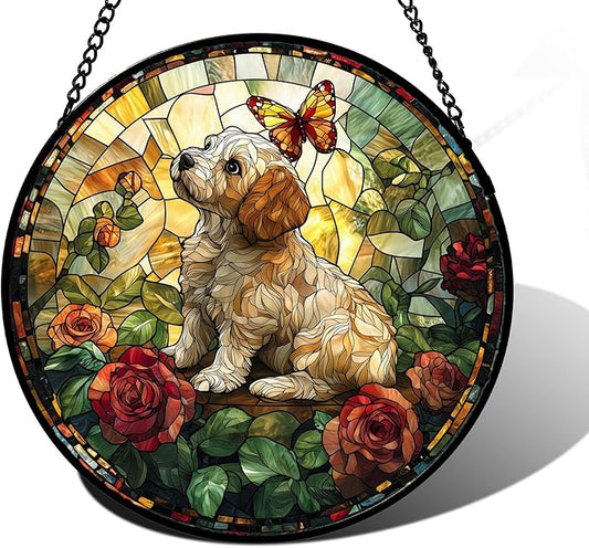 DASTOLL Stained Glass Window Hanging, Cute Dog and Flowers Suncatcher for Doors Home Butterfly Sun Catchers Decoration and Christmas, Mother's Day Birthday Gifts for Women, Men, and Mom 7.8 in