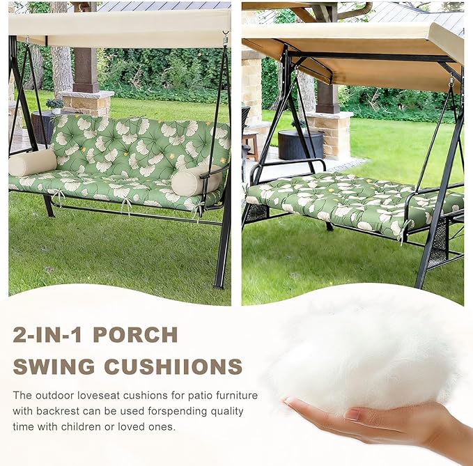 Porch Swing Cushion with Backrest,Waterproof Bench Cushion for Outdoor Furniture,2-3 Seater Replacement Thickened Swing Cushion with Ties,Patio,Outdoor,Backyard and Garden (Ginkgo Breeze,47x40")