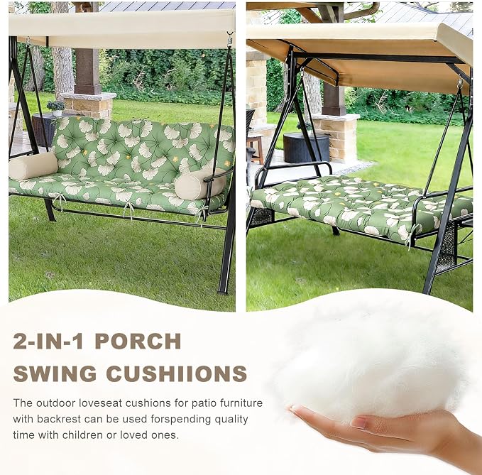 Porch Swing Cushion with Backrest,Waterproof Bench Cushion for Outdoor Furniture,2-3 Seater Replacement Thickened Swing Cushion with Ties,Patio,Outdoor,Backyard and Garden (Ginkgo Breeze,60x40")
