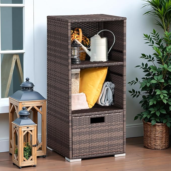 Greesum Rattan Storage Shed, Outdoor Towel Rack with 2 Storage Shelves & 1 Bottom Drawer, Suitable for Pool Patio Garden Deck, Brown