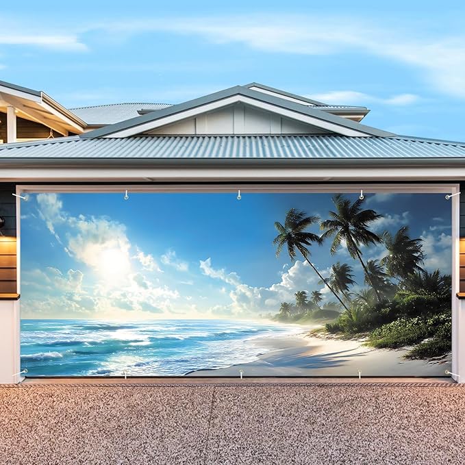 7 * 16FT Summer Garage Door Cover Decorations Sunset Palm Trees Garage Door Banner for Outdoor Indoor Summer Party Photography Backdrop (Summer Beach, 7 * 16 ft)