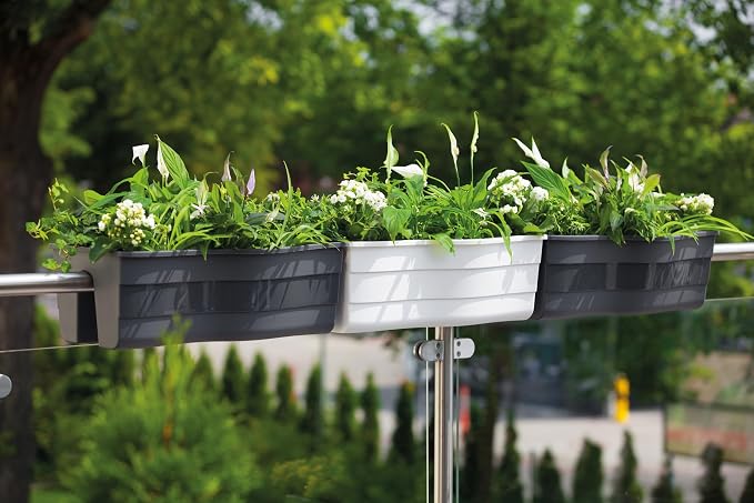 Ridge Rail Long Rectangular Flower Pot, Indoor/Outdoor Hanging Rail Planter Lightweight & Weatherproof Flower Box - Balcony Planters for Railing and Fence Patio, Deck 2 Pack (White)
