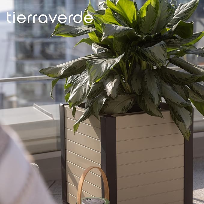 Tierra Verde 17-Inch x 17-Inch Flora Cube Planter Box with Tool-Free Connect System and Crafted from Recycled Materials, for Patios or Decks, Khaki