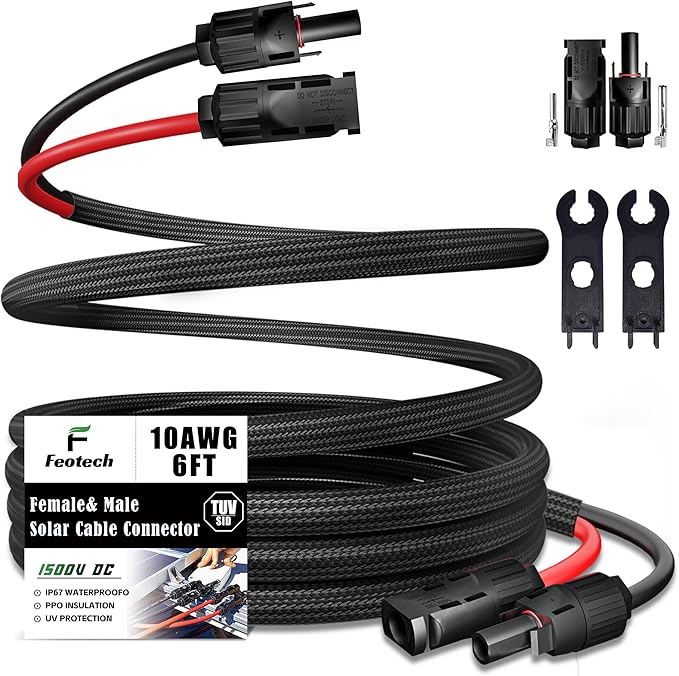 Twin Wire 6 Feet Solar Extension Cable 10AWG with -IP67- Female and Male Connector, Bonus Pair of Free Connector Solar Panel Adapter kit Tools (3 Pairs connectors)