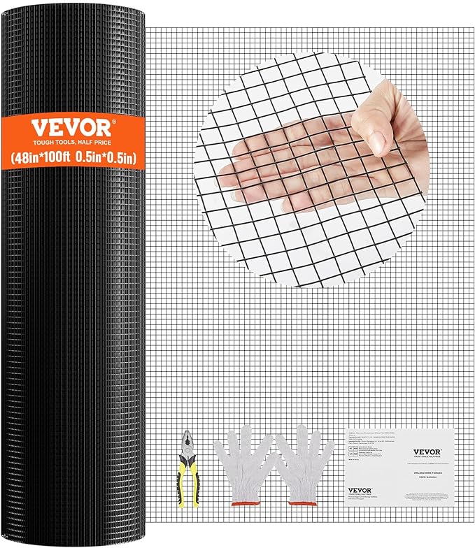 VEVOR Hardware Cloth, 48'' x 100' 1/2inch Galvanized Wire Mesh Roll, 19 Gauge Chicken Wire Fencing Roll, Vinyl Coating Metal Wire Mesh for Chicken Coop Barrier, Rabbit Snake Fences, Poultry Enclosures