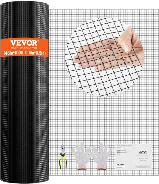 VEVOR Hardware Cloth, 48'' x 100' 1/2inch Galvanized Wire Mesh Roll, 19 Gauge Chicken Wire Fencing Roll, Vinyl Coating Metal Wire Mesh for Chicken Coop Barrier, Rabbit Snake Fences, Poultry Enclosures