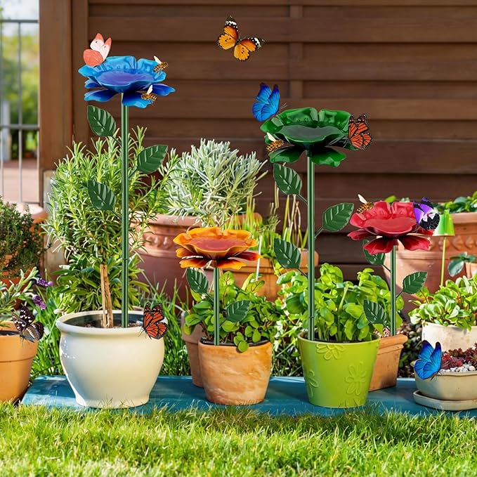 4 Pack Bee Watering Station, Bee Feeder for Garden Metal Butterfly Water Feeder with Flower Design Colorful Butterfly Bee Bath Bowl for Outdoor Garden Yard