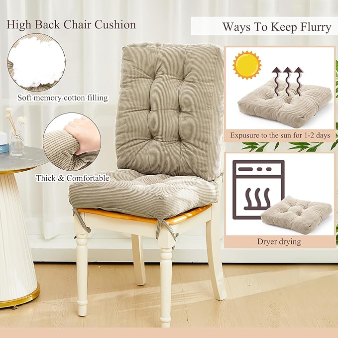 Juexica 4 Set Outdoor Patio Chair Cushions Corduroy Seat High Back Tufted Pillow Replacement Rocking Patio Chair Pads for Outdoor Indoor Home Office (Beige)