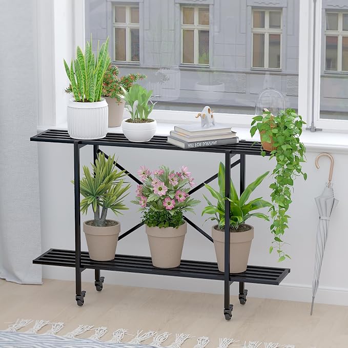 Zhongma 2 Tier Window Height Metal Sturdy Narrow Plant Stand with Wheels, Plant Stand Indoor and Outdoor, L45.67 x W10.3 x H29.9 inch, 440 LBS Capacity & Heavy Duty Construction.