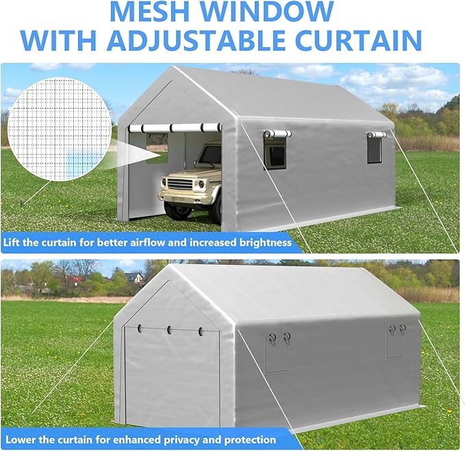 Jocoevol Carport 10x20 FT Enclosed Carport with Roll-up Windows, Portable Garage with Removable Sidewalls & Doors, Car Canopy Tent with Sandbags All-Season Tarp for Car Boat Truck Motorcycle