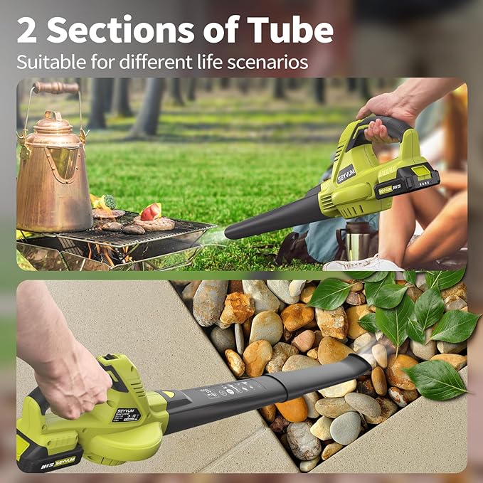 SEYVUM Leaf Blower, 20V Cordless Blower with 2 x 2.0Ah Battery, Electric Leaf Blowers for Lawn Care, 320 CFM 150 MPH Battery Powered Leaf Blower, for Patio, Garden Cleaning, Light Lemon Green