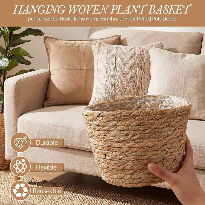 6 Pcs Seagrass Hanging Planter Basket Hand Woven Plant Basket with Plastic Liners Hanging Plant Holder Storage Containers with Cotton Rope for Indoor Garden Decor (Medium,Brown)