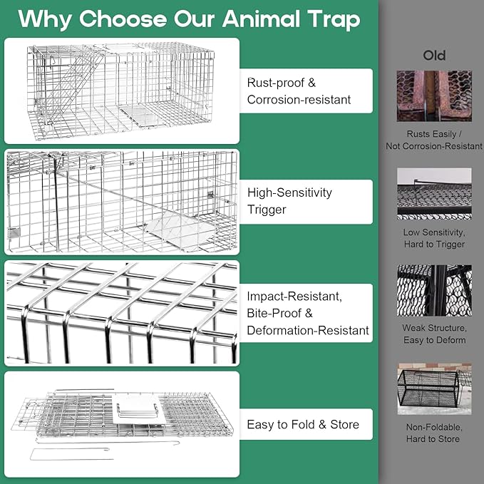 Humane Live Animal Trap Cage 26" × 9" × 10",Heavy-Duty Live Catch Cage for Raccoon, Squirrel, Stray Cats, Groundhogs, Armadillos, Opossums, Rabbits, Skunk, Mole, Small Wildlife Control