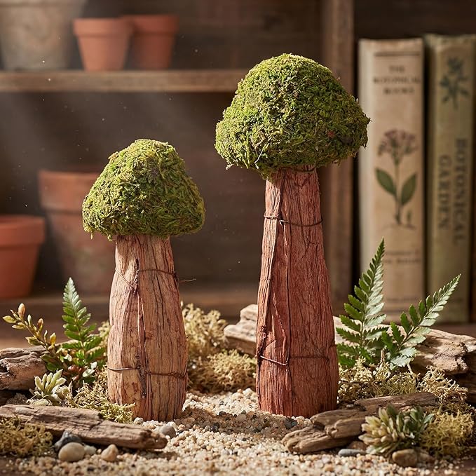 Novabright 2 Pcs Artificial Moss Mushroom Decoration Set 6" and 7.8" Fake Moss Mushroom Green Enchanted Forest Decorative Centerpieces Statues Figurines for Garden Landscape DIY Craft Outdoor