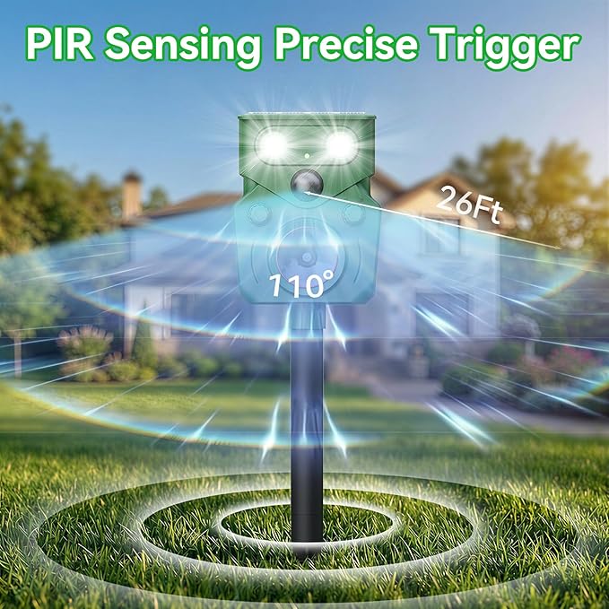 Ultrasonic Animal Repeller Solar Powered Ultrasonic Deer Repeller Motion Sensor Cat Deterrent 2 Pack Fox Squirrel Dog Deterrent Device with 5 Modes and Flashing Lights Outdoors Yard Lawn Farm Garden