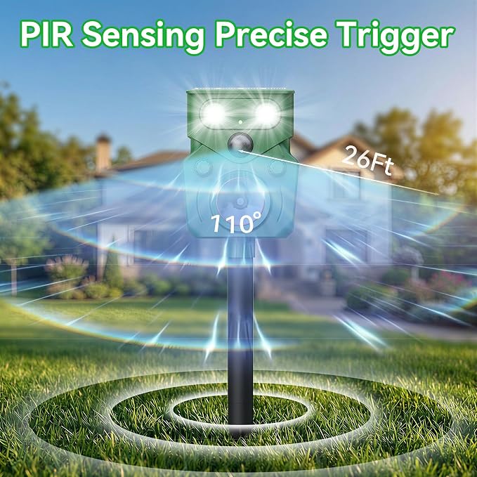Ultrasonic Animal Repeller Solar Powered Squirrel Repeller Motion Sensor Deer Deterrent Rabbit Cat Dog Control Device with 5 Modes and Flashing Lights Outdoor Yard Lawn Orchard Garden