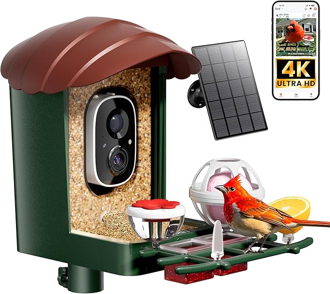 HEAPETS Bird Feeder with Camera Solar Powered, 4K UHD Video, AI Bird Recognition, Auto Capture with Instant Notifications, IP65 Weatherproof, Gifts for Seniors Bird Watchers, Brown