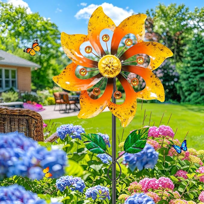 2pcs Metal Wind Spinners Outdoor with Stake for Yard Lawn Garden | 36.8in Wind Sculpture Spinner with Metal Stake, Waterproof Spinners Green Kinetic Wind Spinner for Yard Lawn Decor (Yeloow)
