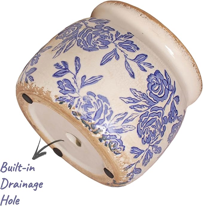 Chinoiserie Ceramic Plant Pot for Garden Decor, 6.29in Rustic Farmhouse Planter with Drainage Hole for House Plants, Blue and White Vase for Centerpiece, Kitchen & Office Decoration, Plant Lover Gifts
