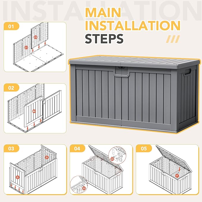240 Gallon HDPE Deck Box Outdoor Indoor Waterproof Storage Box for Patio Furniture, Pool Accessories, Garden Tools, and Cushion Storage, Gray
