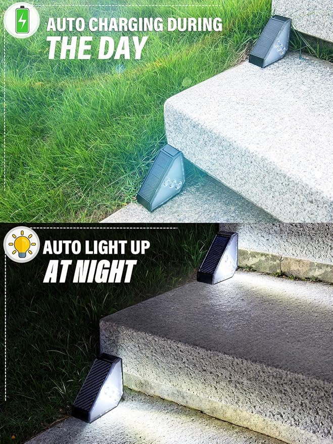 ROSHWEY Solar Step Lights for Outside Waterproof, 8 Pack Outdoor Deck Steps Lights, Triangle Solar Stair Light for Outside, Front Porch, Dock, Backyard, Path, Walkway, Patio Decor, Cool White