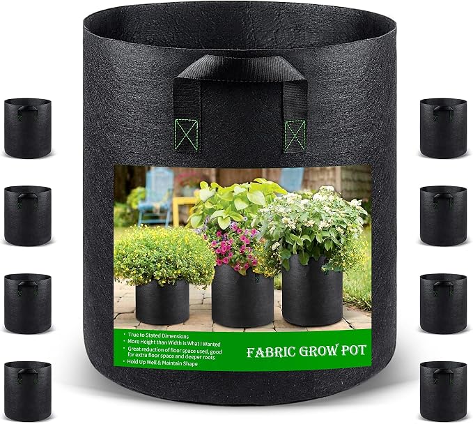 GreenTiger Tall Grow Bags, 8-Pack 7 Gallon Grow Pots with Handles, Improved 300G Thickened Aeration Fabric Deep Plant Growing Bags, Designed for Indoor/Outdoor Vegetables and Flowers, Classic Black