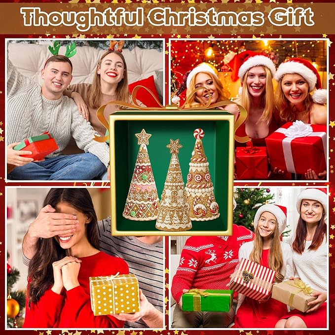 Simgoing 3 Pack Gingerbread Christmas Tree Figurines Christmas Tabletop Decorations Resin Gingerbread Cone Tree Decor Figurines for Xmas Home Centerpieces Tiered Tray Ornament Gifts