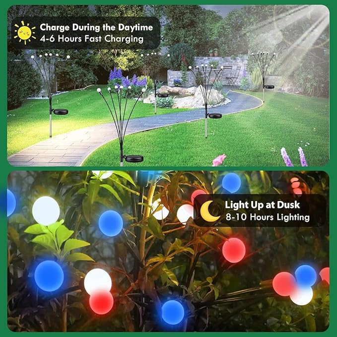4th of July Decorations Outdoor, 8 Pack Red White and Blue Solar Garden Lights 48 LED, 2 Modes Solar Firefly Lights Outdoor Waterproof for Independence Day Garden Yard 250 Anniversary USA Decoration