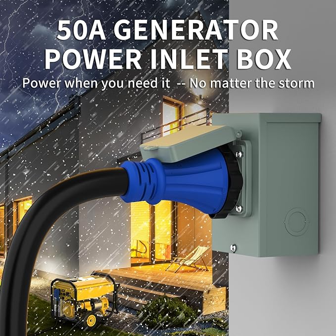 BEBOBLY Generator Inlet Box, 50 Amp NEMA PB50, SS2-50 Power Inlet Box for 3 Prong Generator Cord, 12500W 125/250V Receptacle for Outdoor Use, Generator Accessories,Weatherproof, ETL Listed