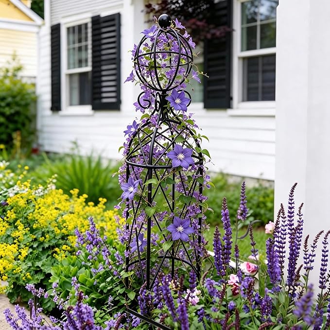 2-Pack Metal Garden Obelisk Trellis, 28" Geometric Sphere Plant Support | Tool-free assembly; fits 9–12in planters, metal obelisk for roses clematis mandevilla vines, 2-pack black outdoor décor