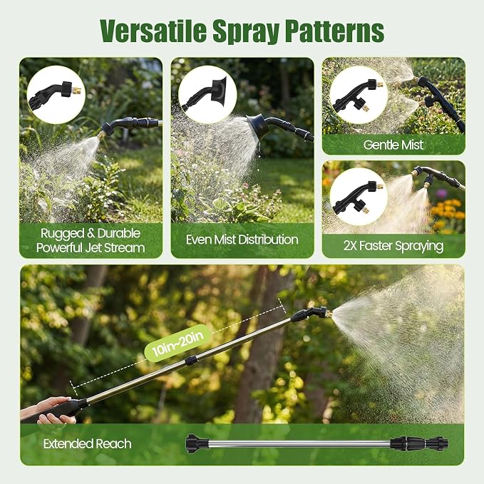 Battery Powered Electric Sprayer 1.35 Gallon Garden Pump Sprayer, Retractable Wand, 3 Mist Nozzles, USB Rechargeable Handle & Adjustable Shoulder Strap for Yard Lawn Planting