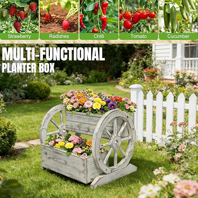 2 Tier Classic Wooden Wagon Planter Box|Outdoor Planter/Flower Pot for Indoor&Outdoor Plants-Rustic Garden Planter for Patio,Porch&Garden Decor- Raised Garden Bed for Succulents,Herbs,Vegetables