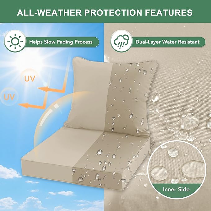 Summsun Outdoor Chair Cushion Weather Resistant, Backrest and Seat Cushion Set for Patio Furniture with Waterproof Removable Cover, 19 x 19 Inch, Cream, 1 Set