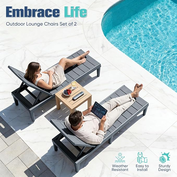Devoko Outdoor Chaise Lounge Chair Set of 2 with 5-Position Adjustable Back, Waterproof & Lightweight PP Lounge Chairs for Outside Pool Patio (Light Grey)