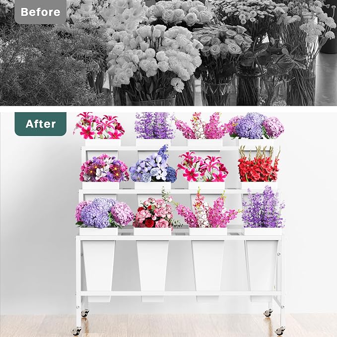 Asee'm Flower Display Stand With 12PCS Buckets 3 Tier Flower Cart Display Stand with Wheels Heavy Duty Moving Metal Plant Stand Flower Bar Flower Rack for Florist Indoor Outdoor Patio Garden White