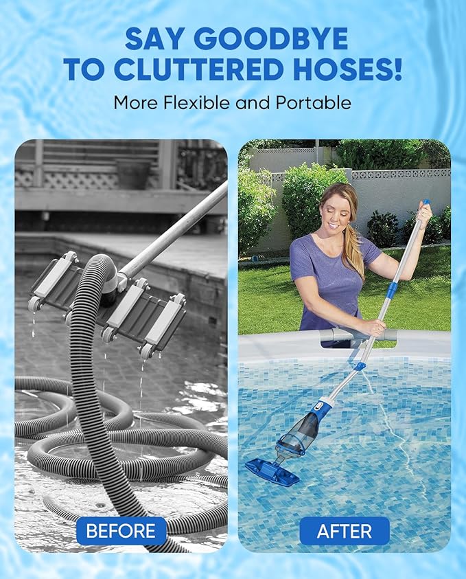 Cordless Pool Vacuum with Telescopic Pole, 18.5 GPM Powerful Suction, 1.5H Supercharge Technology, Handheld Pool Vacuum Cleaner for Above Ground/Inground Pools, Hot Tubs, Blue