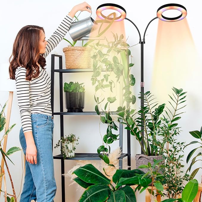 Dual-Head Grow Lights for Indoor Plants, LED Full Spectrum Floor Plant Lamp with Timer 3/9/12H, 10 Dimmable Levels, Flexible Gooseneck, Height Adjustable 23"-67" for Large Houseplants
