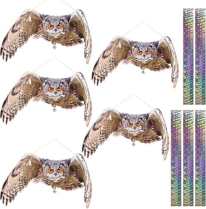 Fake Owl Hanging Outdoor Decoration, 5 Pack Flat Garden Owl with Reflective Tape and Bell to Scare Squirrel Pigeon Woodpecker from House Patio Yard Porch Window, Plastic Owl Scarer