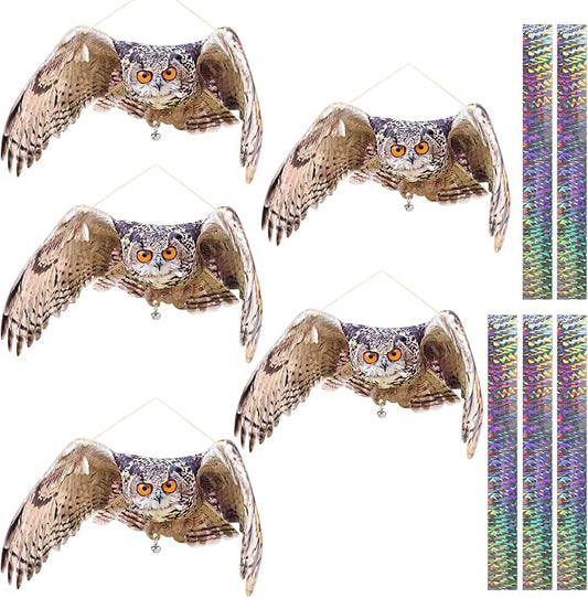 Fake Owl Hanging Outdoor Decoration, 5 Pack Flat Garden Owl with Reflective Tape and Bell to Scare Squirrel Pigeon Woodpecker from House Patio Yard Porch Window, Plastic Owl Scarer