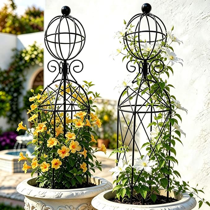 2-Pack Metal Garden Obelisk Trellis, 28" Geometric Sphere Plant Support | Tool-free assembly; fits 9–12in planters, metal obelisk for roses clematis mandevilla vines, 2-pack black outdoor décor