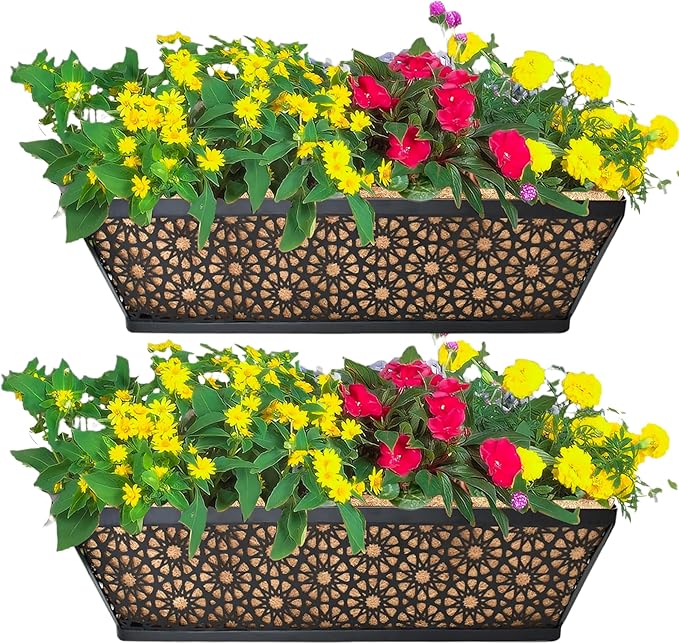 EIMQUVW 2 Pack 24" Railing Planter Window Box Deck Balcony Rail Planter Black Metal Flower Basket Horse Trough Planters with Coco Fiber Liner for Porch Fence Patio Outdoor