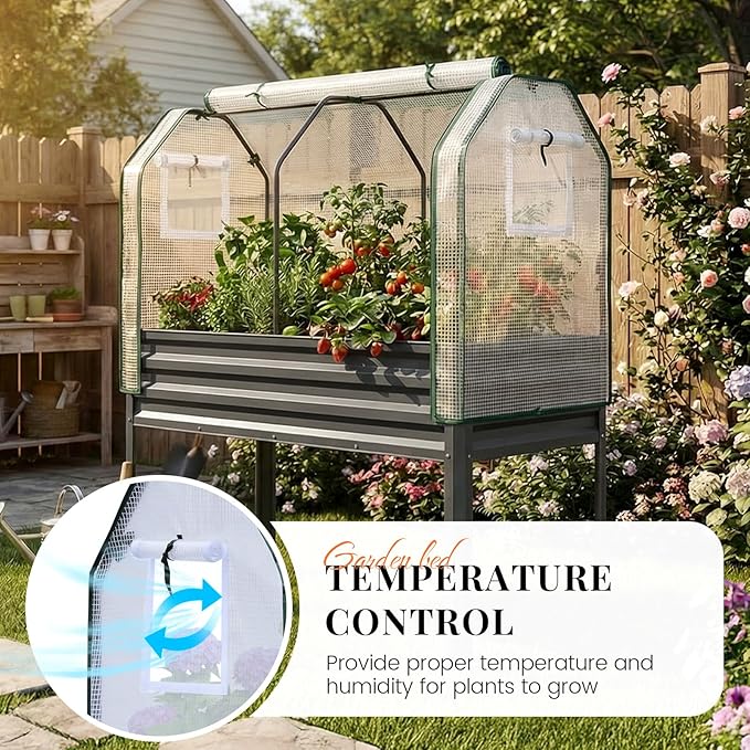 KING BIRD Large Raised Garden Bed with Cover Galvanized Elevated Planter Box with Legs 48×24×56 in for Backyard, Patio, Balcony, 400lb Capacity, Dark Grey