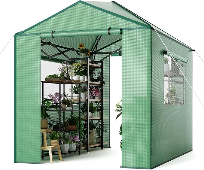 6x8 ft Portable Green House for Outdoor, Pop Up Grow Tent for All Seasons, Heavy-Duty PE Cover Greenhouses Kit for Indoor, Zippered Doors & Mesh Windows,