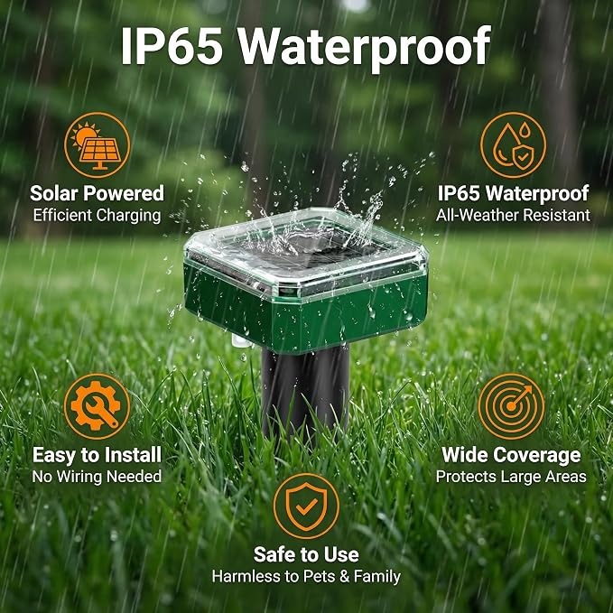 4 Packs Solar Mole Repellent, 2026 Upgraded Ultrasonic Gopher Deterrent Stakes, IP65 Waterproof Sonic Vole Groundhog Snake Control for Lawn Garden Yard Farm
