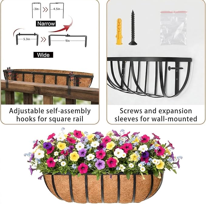 16'' Window Box Railing Planter with Coco Liner,4 Pack Horse Trough Planters Black Metal Hanging Flower Planters Basket for Porch Fence Patio Indoor Outdoor Lawn