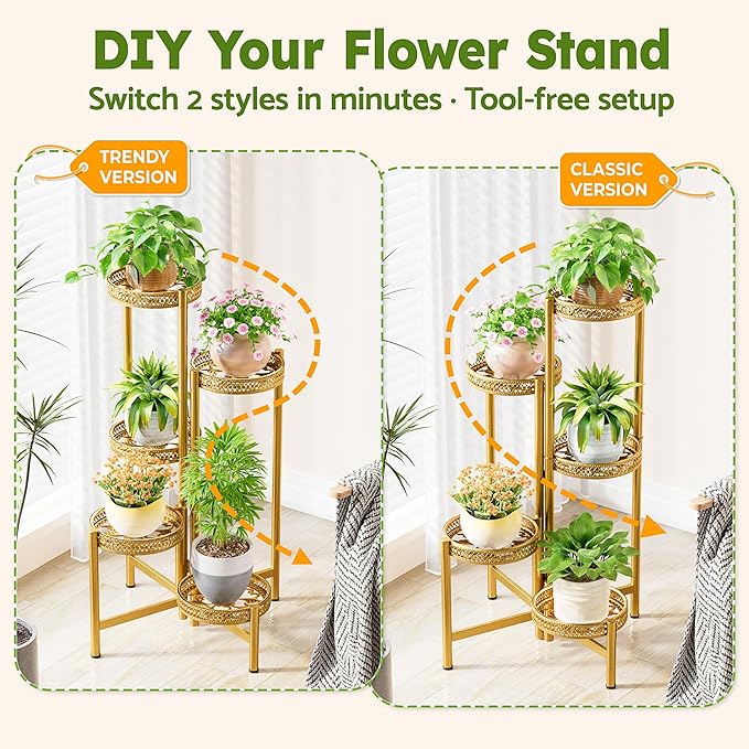 Gold Plant Stand Indoor Outdoor, Corner Metal Flower Pot Stands for Multiple Plants, 5 Tier Heavy Duty Plant Shelf for Patio Garden Balcony Living Room Bedroom - GoldWave